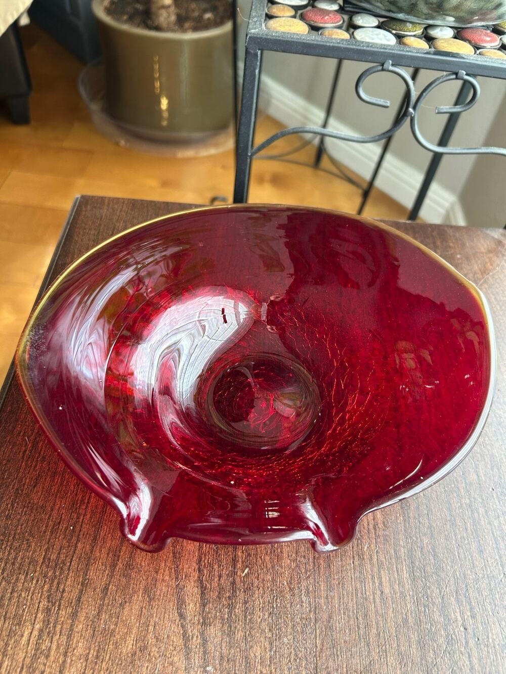 Vintage MCM amberina red art glass ashtray crackle base Viking Murano style